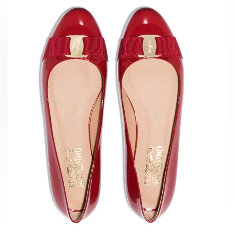Salvatore Ferragamo Red Patent Flats with Bow Detail